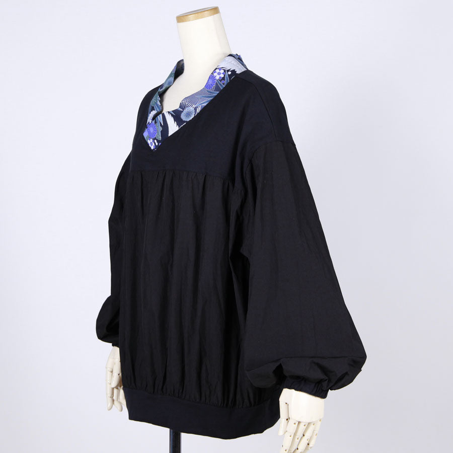 [One-of-a-kind item] TKg Blue Crane pattern  Smock Style Top
