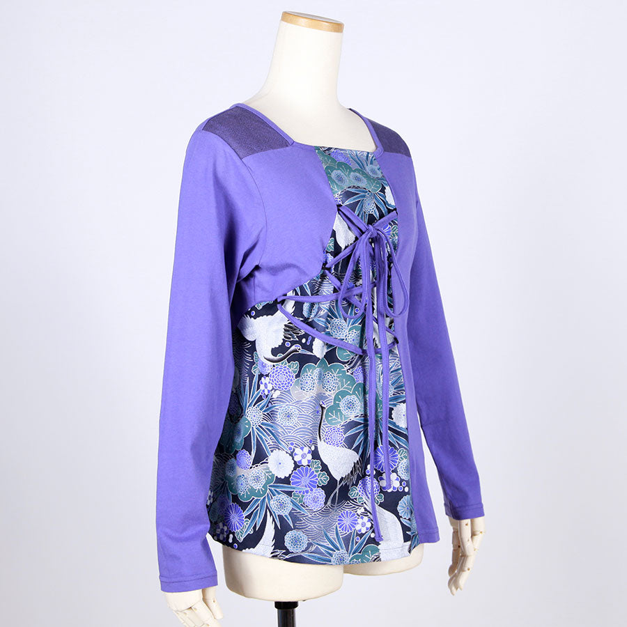 [One-of-a-kind item] TKg Blue Crane Pattern Lace up Top