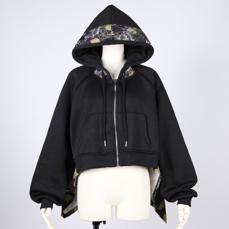 [One-of-a-kind item] TKg Origami Crane  in flowers Black Short Hoodie