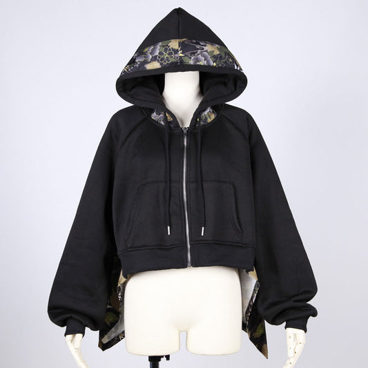 [One-of-a-kind item] TKg Origami Crane  in flowers Black Short Hoodie