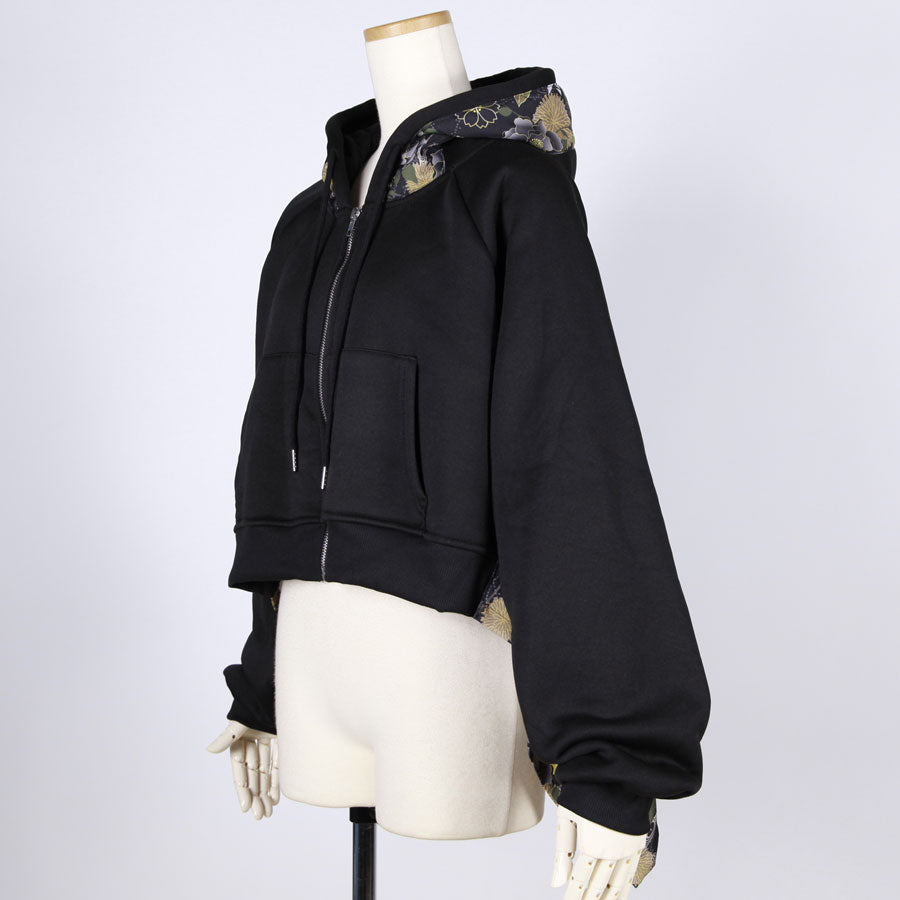 [One-of-a-kind item] TKg Origami Crane  in flowers Black Short Hoodie