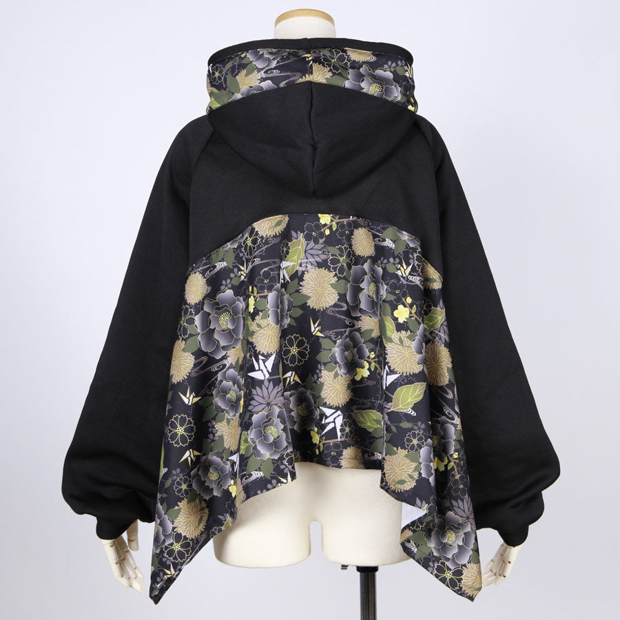 [One-of-a-kind item] TKg Origami Crane  in flowers Black Short Hoodie