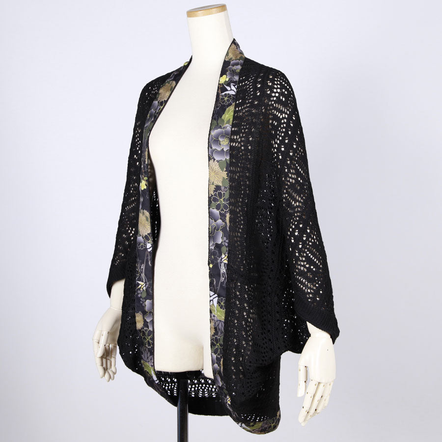 [One-of-a-kind item] TKg Origami Crane  in flowers Black Openwork Net Haori