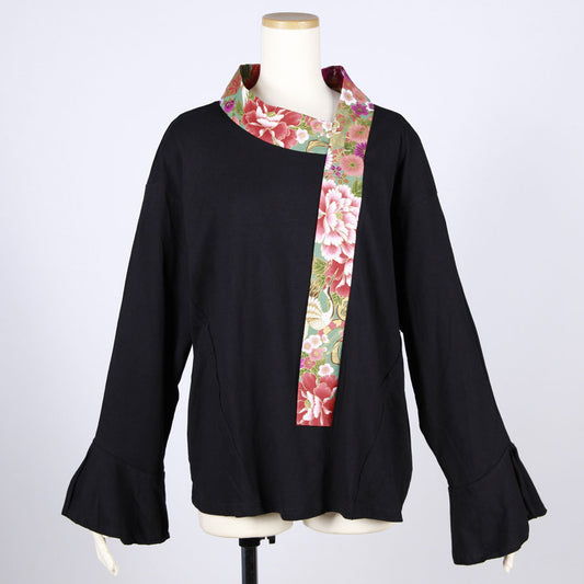 【一点物】TKg 花の中の鶴 変形着物襟トップス緑