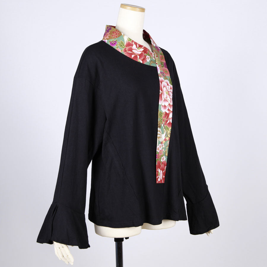 【一点物】TKg 花の中の鶴 変形着物襟トップス緑