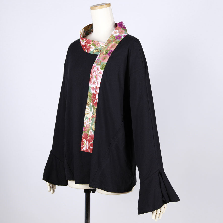 【一点物】TKg 花の中の鶴 変形着物襟トップス緑