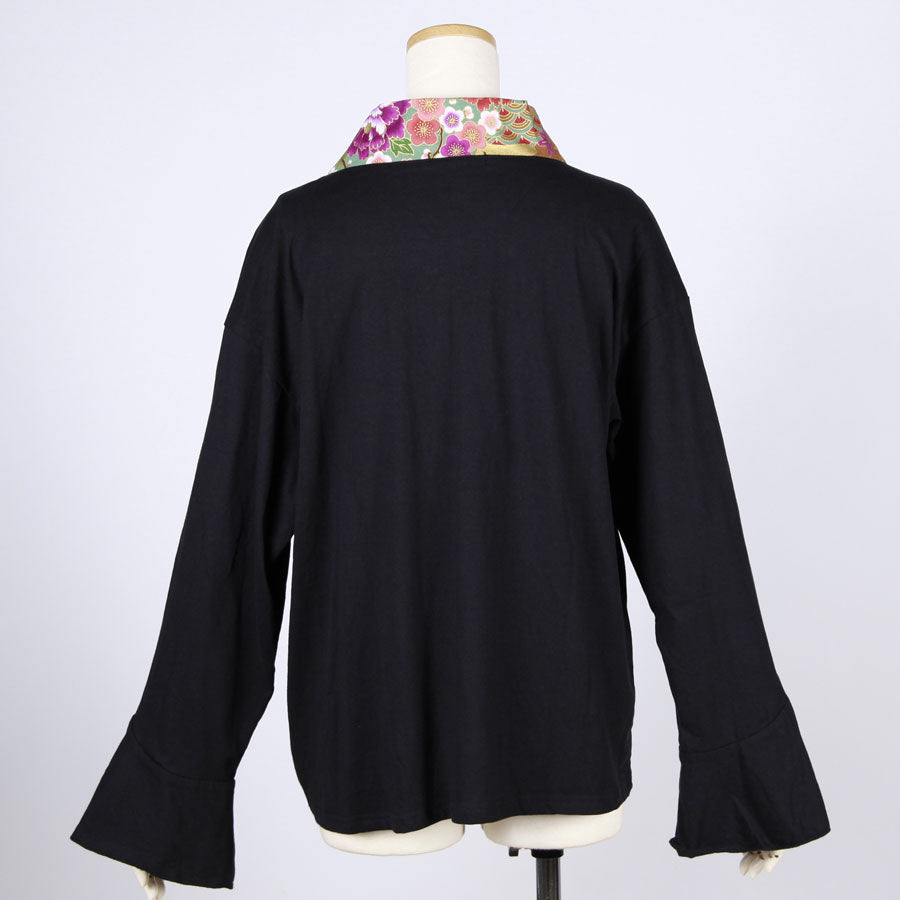 【一点物】TKg 花の中の鶴 変形着物襟トップス緑