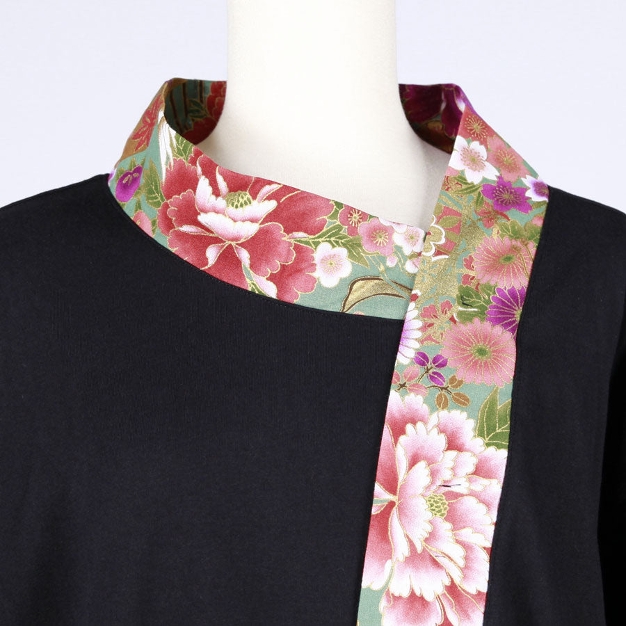 【一点物】TKg 花の中の鶴 変形着物襟トップス緑