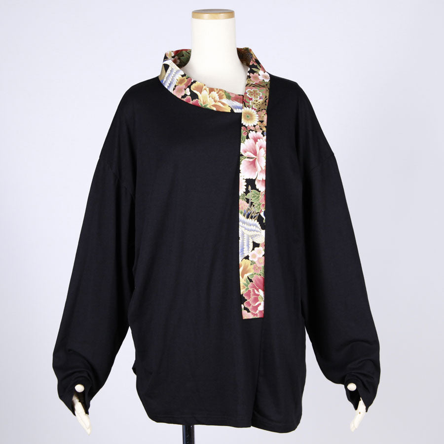 【一点物】TKg 花の中の鶴 変形着物襟トップス黒