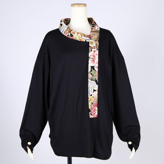 【一点物】TKg 花の中の鶴 変形着物襟トップス黒