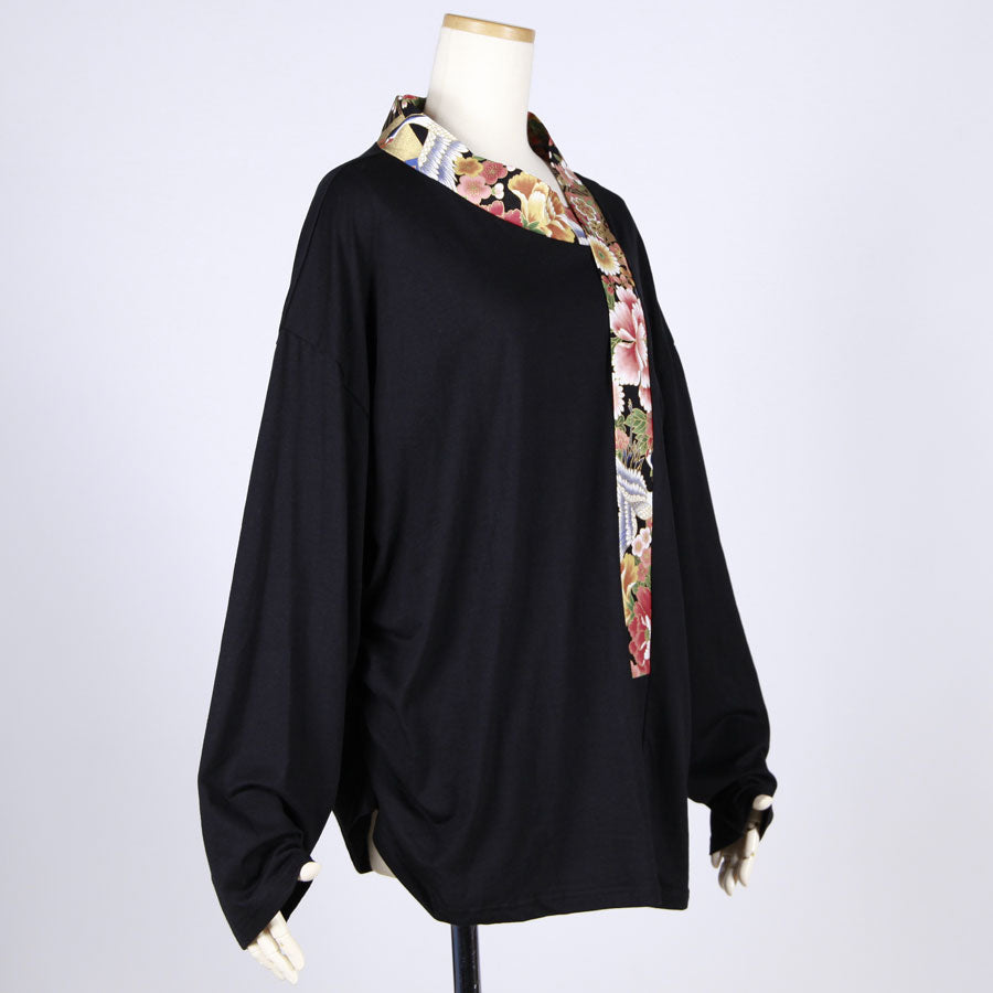 【一点物】TKg 花の中の鶴 変形着物襟トップス黒