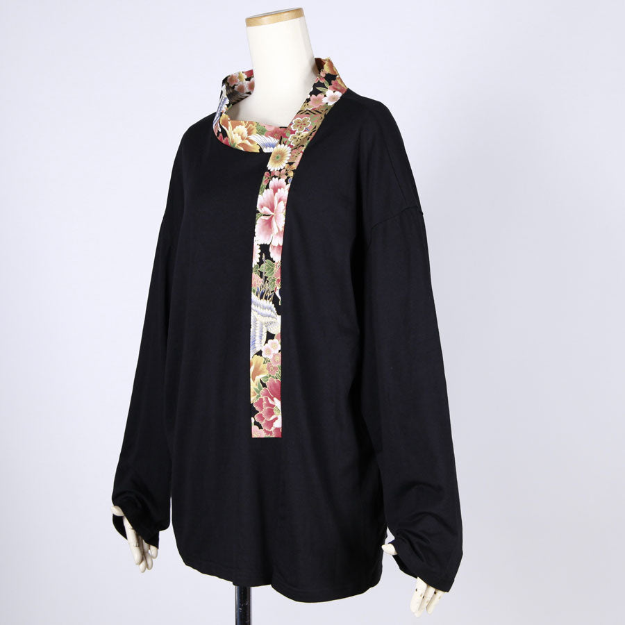 【一点物】TKg 花の中の鶴 変形着物襟トップス黒