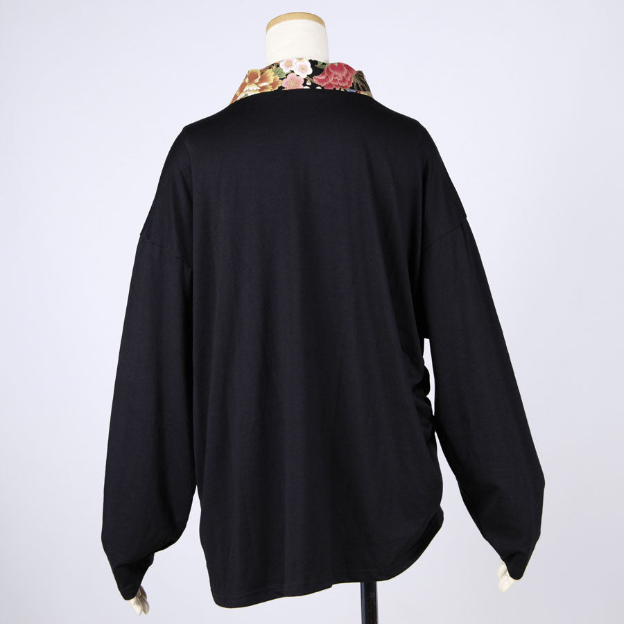 【一点物】TKg 花の中の鶴 変形着物襟トップス黒