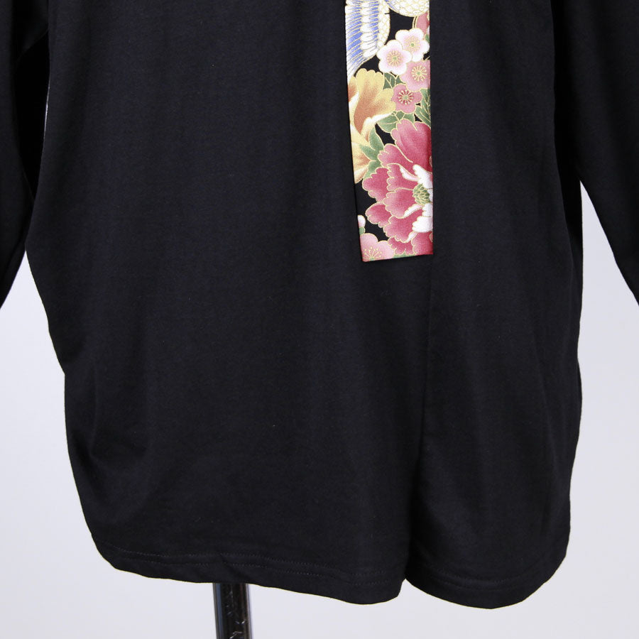 【一点物】TKg 花の中の鶴 変形着物襟トップス黒