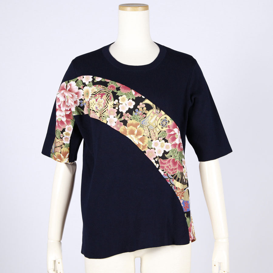 【一点物】TKg 花の中の鶴 斜め切り替えトップス