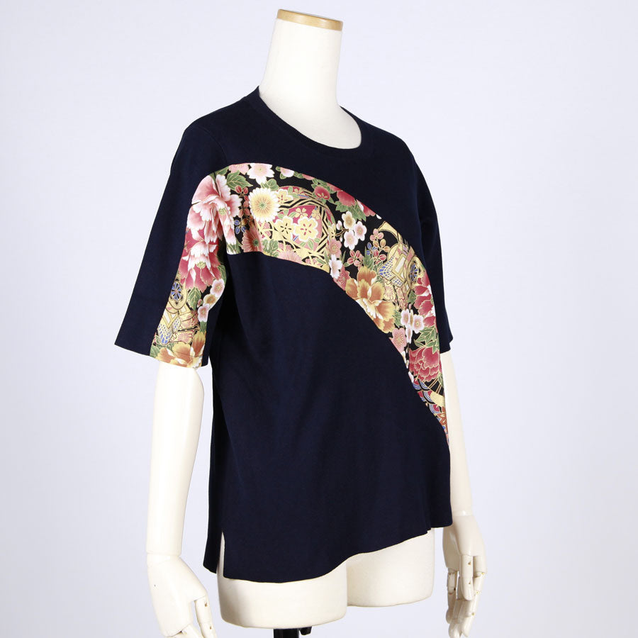 【一点物】TKg 花の中の鶴 斜め切り替えトップス