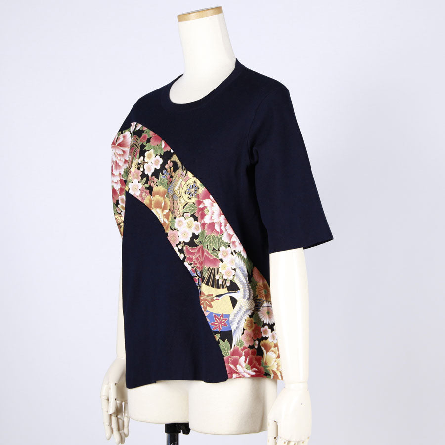 【一点物】TKg 花の中の鶴 斜め切り替えトップス