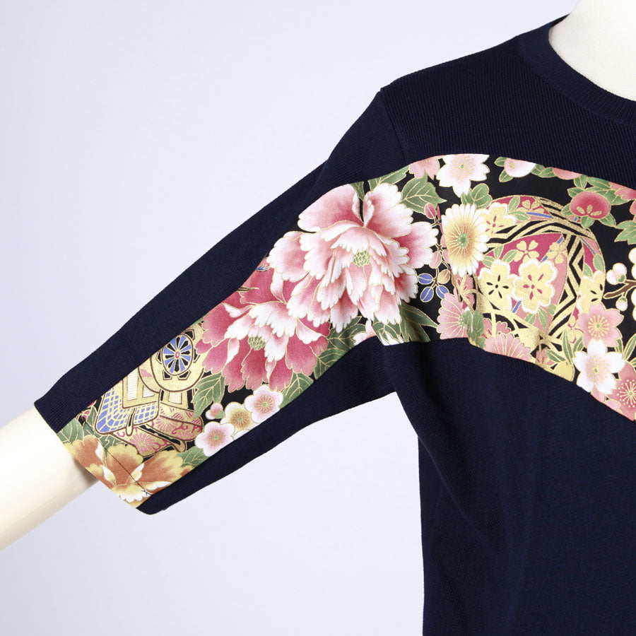 【一点物】TKg 花の中の鶴 斜め切り替えトップス