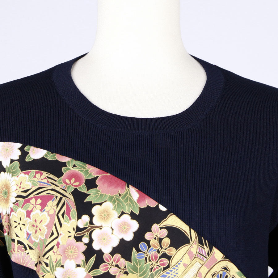 【一点物】TKg 花の中の鶴 斜め切り替えトップス