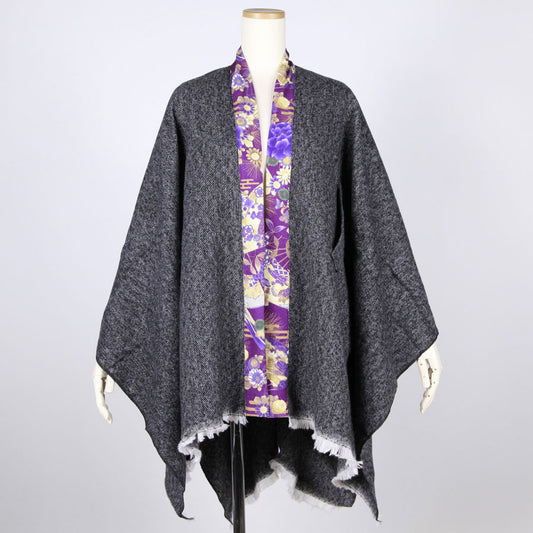 【一点物】TKg 紫縮緬和柄 フリンジポンチョ