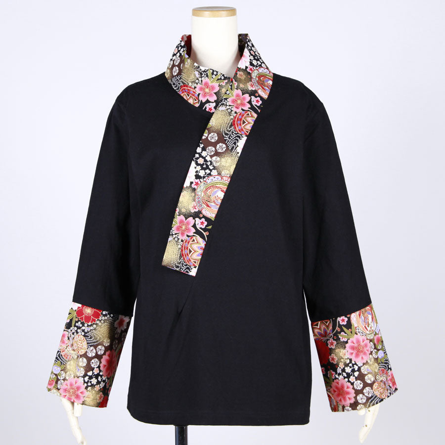 [One-of-a-kind item] TKg Flying Japanese Flower Wide Kimono Collar Tops