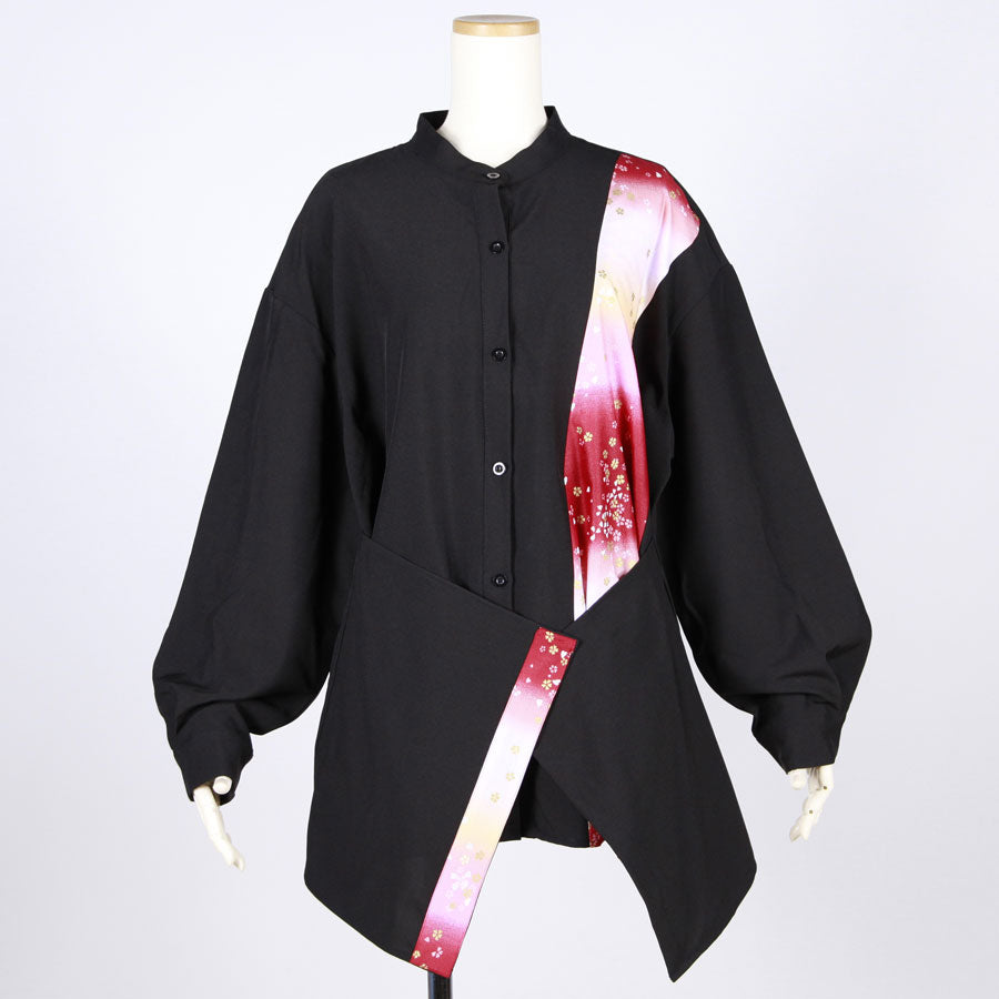 【一点物】TKg グラデーション赤和柄 腰当て付きシャツ