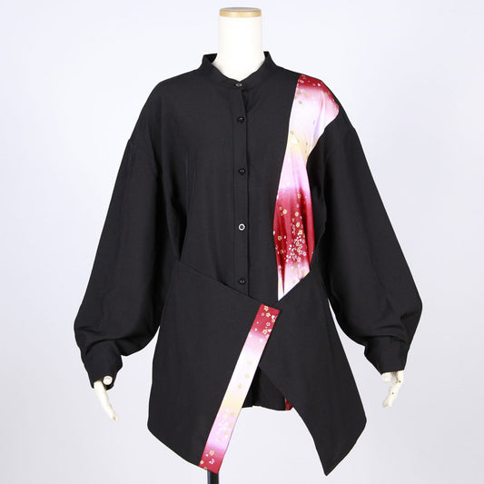 【一点物】TKg グラデーション赤和柄 腰当て付きシャツ