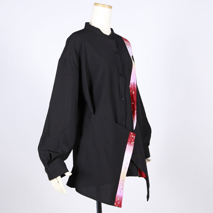 【一点物】TKg グラデーション赤和柄 腰当て付きシャツ