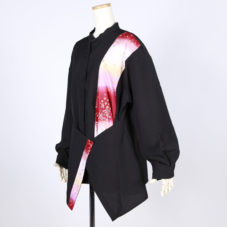 【一点物】TKg グラデーション赤和柄 腰当て付きシャツ