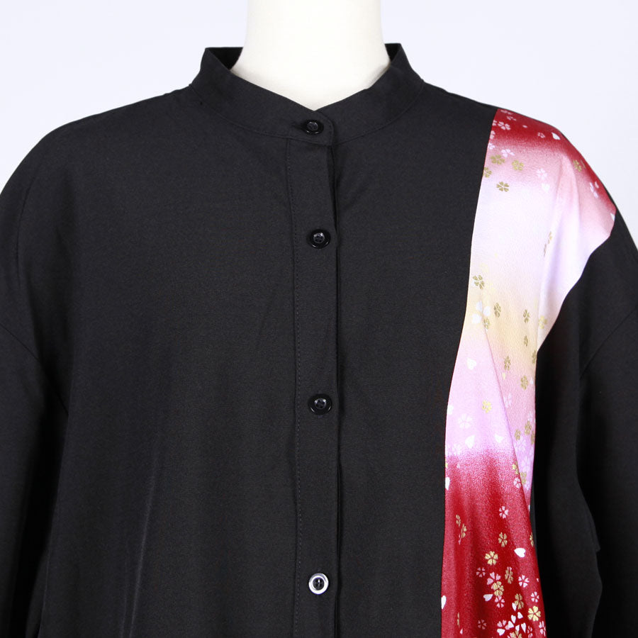 【一点物】TKg グラデーション赤和柄 腰当て付きシャツ