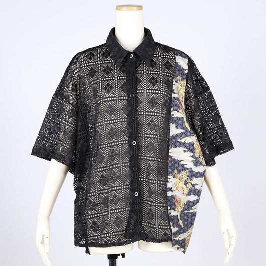 [One-of-a-kind item] TKg Dragon Flying on Hemp Leaves Pattern Lace Shirt