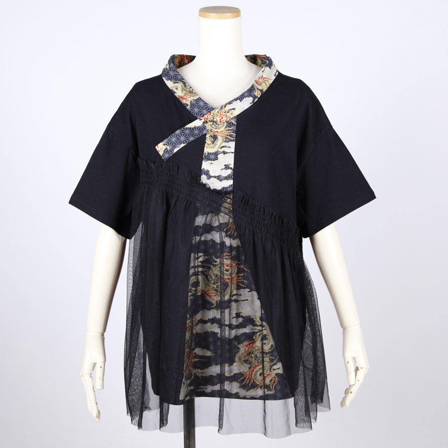 [One-of-a-kind item] TKg Dragon Flying on Hemp Leaves Pattern Tops with Tulle
