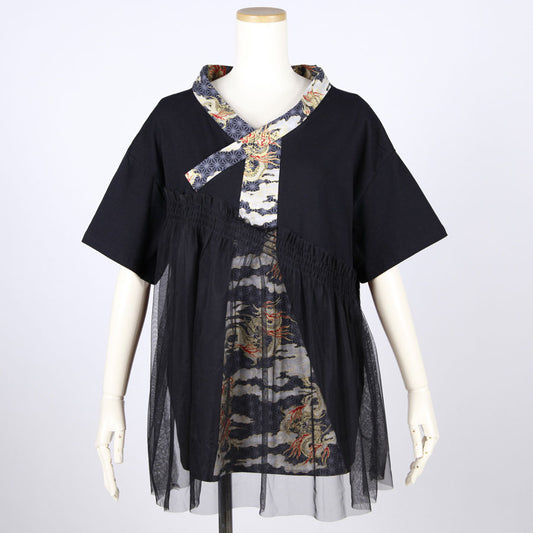 [One-of-a-kind item] TKg Dragon Flying on Hemp Leaves Pattern Tops with Tulle