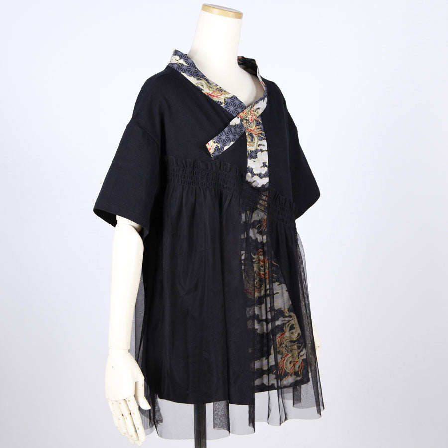 [One-of-a-kind item] TKg Dragon Flying on Hemp Leaves Pattern Tops with Tulle