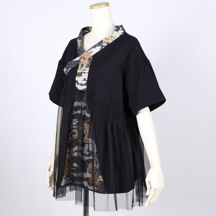 [One-of-a-kind item] TKg Dragon Flying on Hemp Leaves Pattern Tops with Tulle