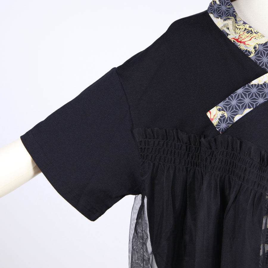 [One-of-a-kind item] TKg Dragon Flying on Hemp Leaves Pattern Tops with Tulle
