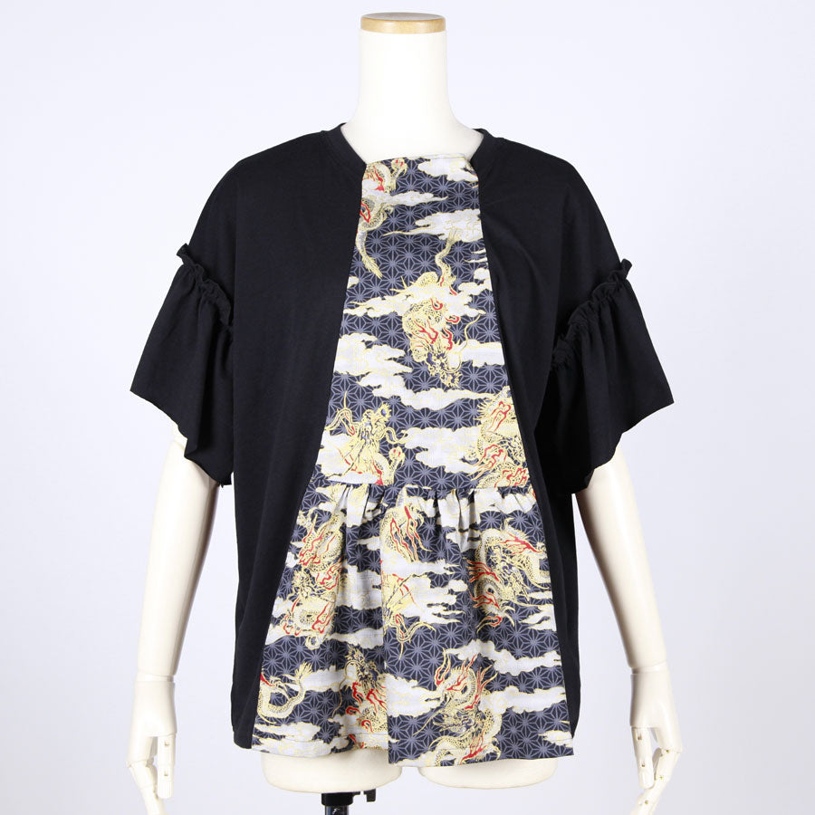 [One-of-a-kind item] TKg Dragon Flying on Hemp Leaves Pattern Tops with Fluttering Sleeves