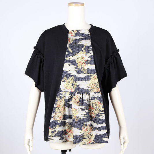 [One-of-a-kind item] TKg Dragon Flying on Hemp Leaves Pattern Tops with Fluttering Sleeves