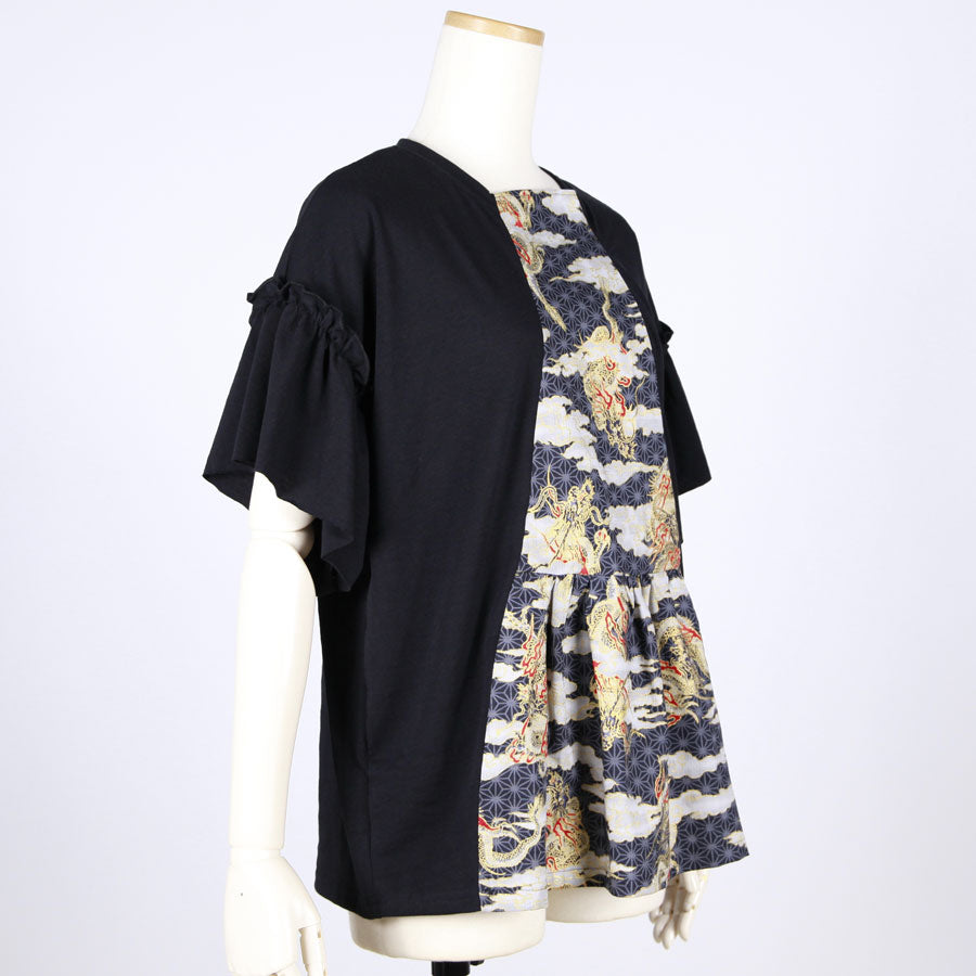 [One-of-a-kind item] TKg Dragon Flying on Hemp Leaves Pattern Tops with Fluttering Sleeves