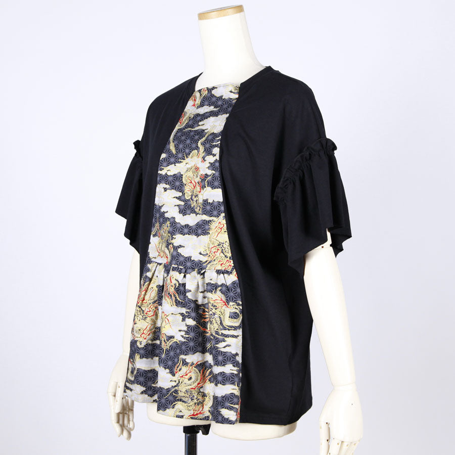 [One-of-a-kind item] TKg Dragon Flying on Hemp Leaves Pattern Tops with Fluttering Sleeves