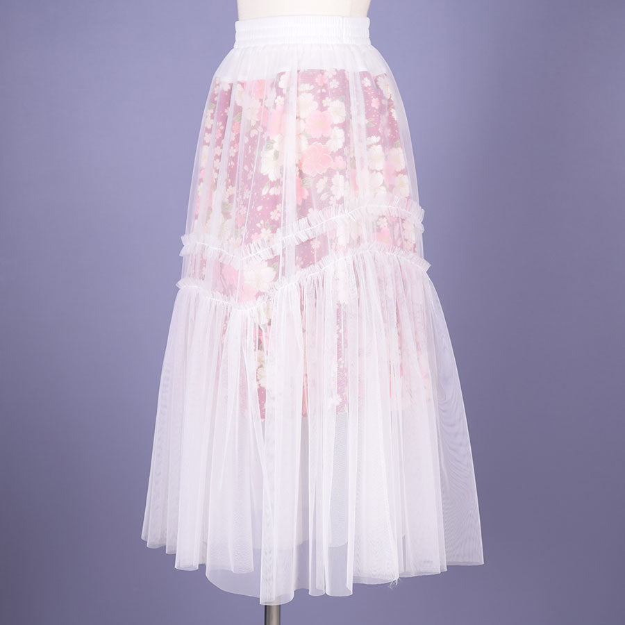 【One of a kind】TKg Tulle  Skirt with Red Cherry Blossom Pattern