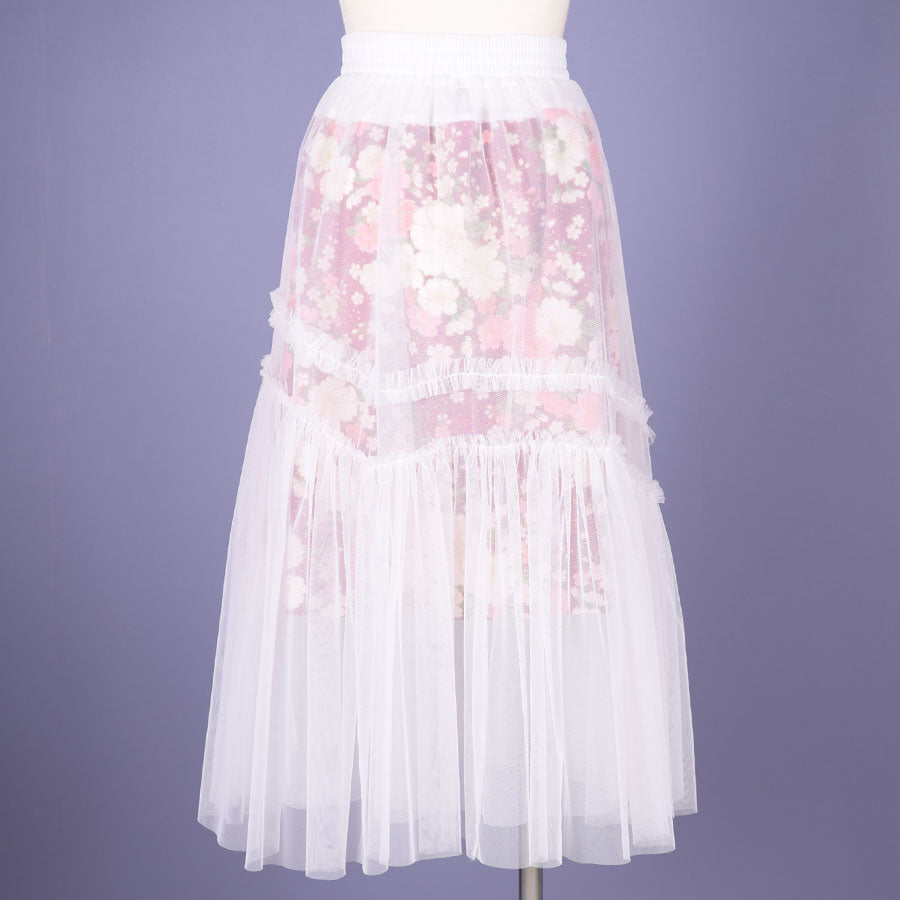 【One of a kind】TKg Tulle  Skirt with Red Cherry Blossom Pattern