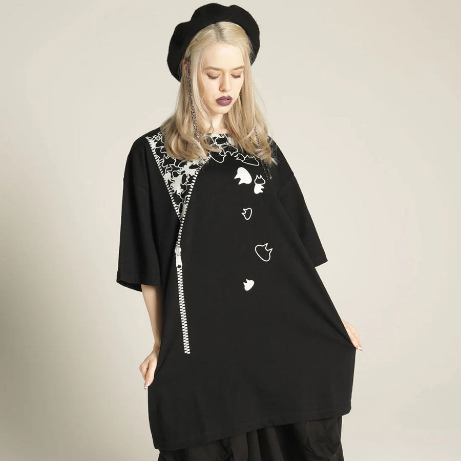 MINT NeKO ジッパープリントビッグTシャツ BK