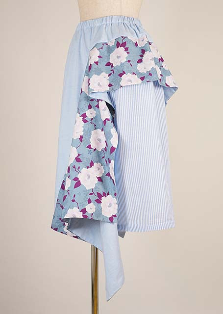 GOUK Japanese pattern flare and striped skirt light blue