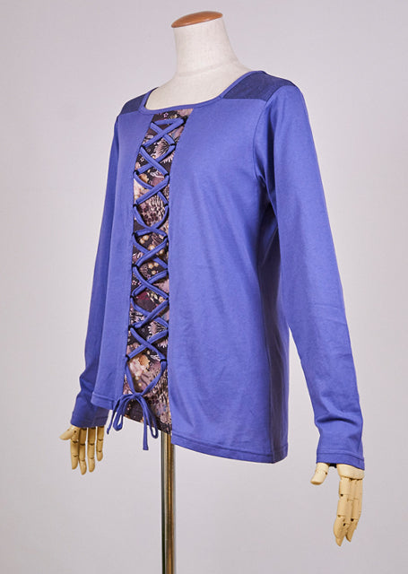 gouk 両肩に小紋柄を切り替えた編み上げのトップス　青紫
